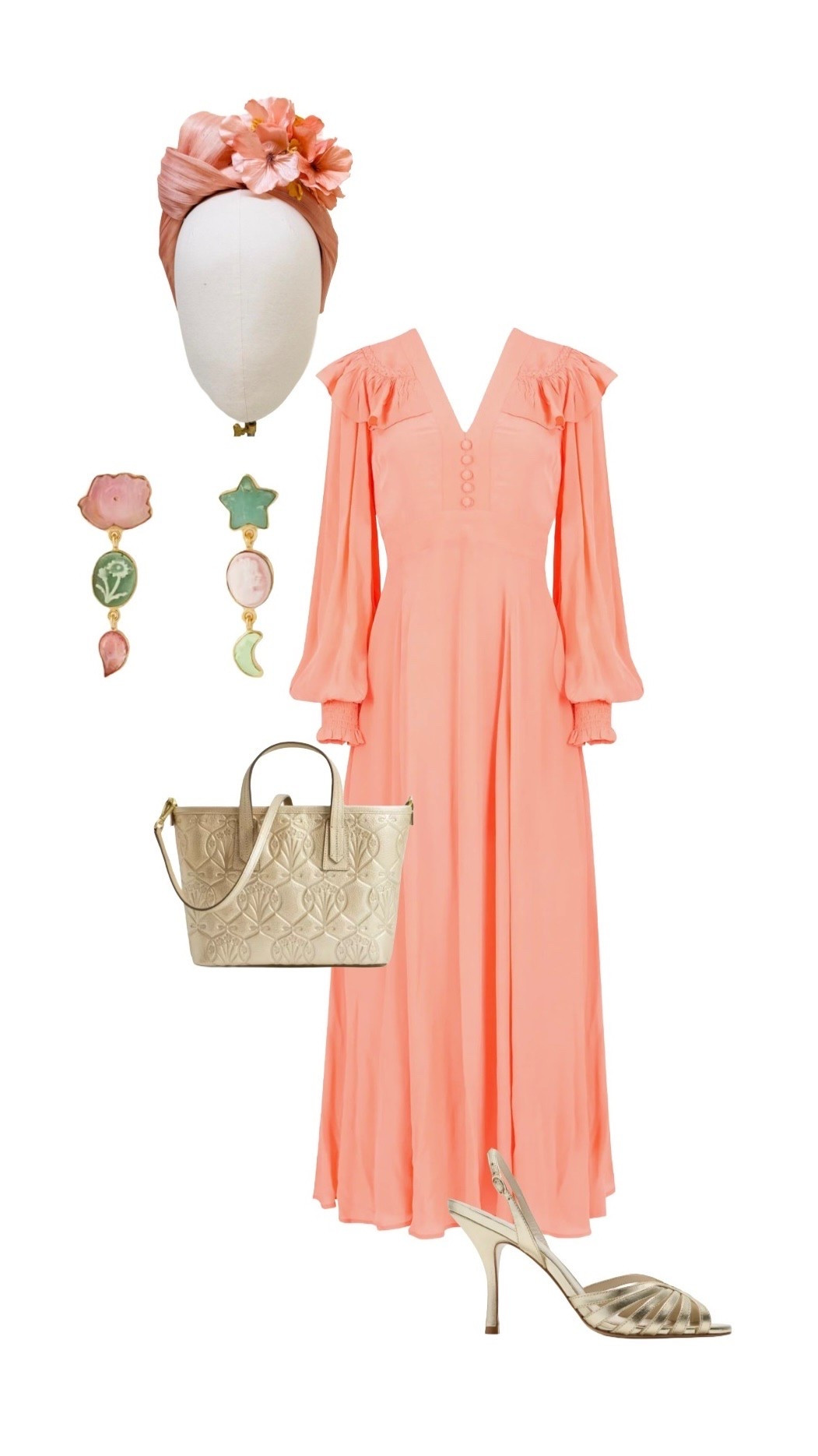 Rachel Dress - Queens of Archive

Earrings & Gold Embossed Leather Mini Tote Bag - Liberty London 

Peach Satin Floral Headband Fascinator - Etsy

Gold Heels - Rixo

#LTKdresses #LTKuk #LTKspring #LTKwedding

#LTKsummer #LTKluxury #LTKeurope