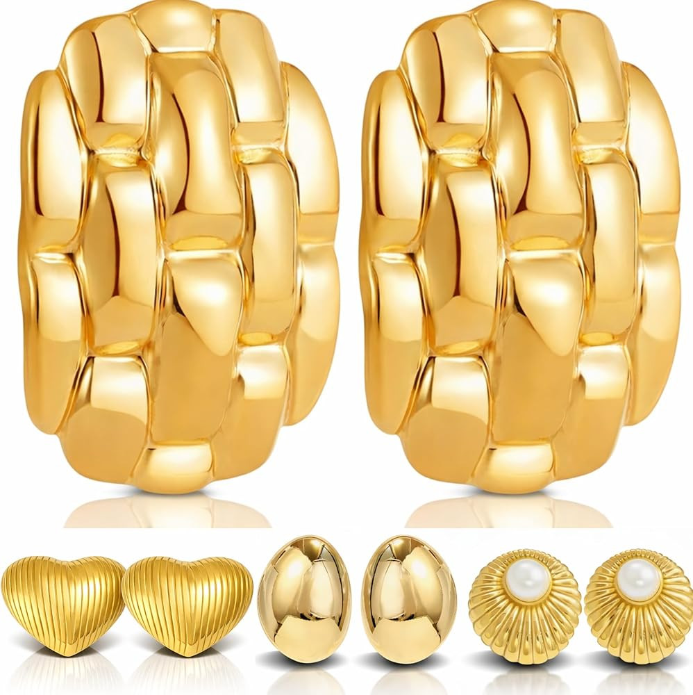 4 Pairs Gold Large Puffy Heart Chunky Stud Statement Earrings for Women, Geometric Vintage Gold S... | Amazon (US)