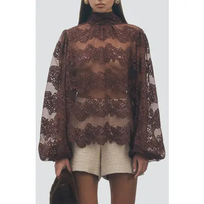 MAUDE CLUB Shana Lace Tiered Top in Brown at Nordstrom, Size Medium | Nordstrom