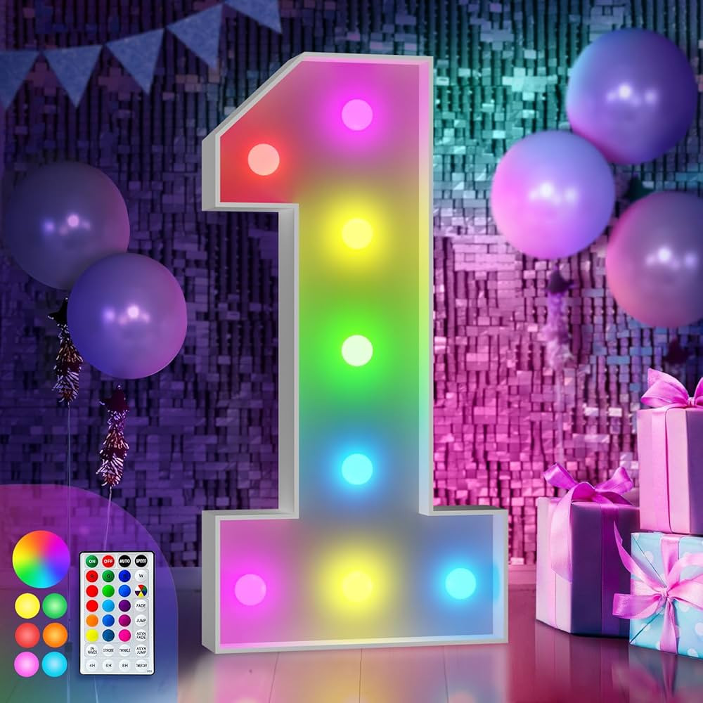 imprsv 3FT Colorful Marquee Numbers,18 Colors Number 1 with Remote, Light Up Numbers Sign for 1st... | Amazon (US)