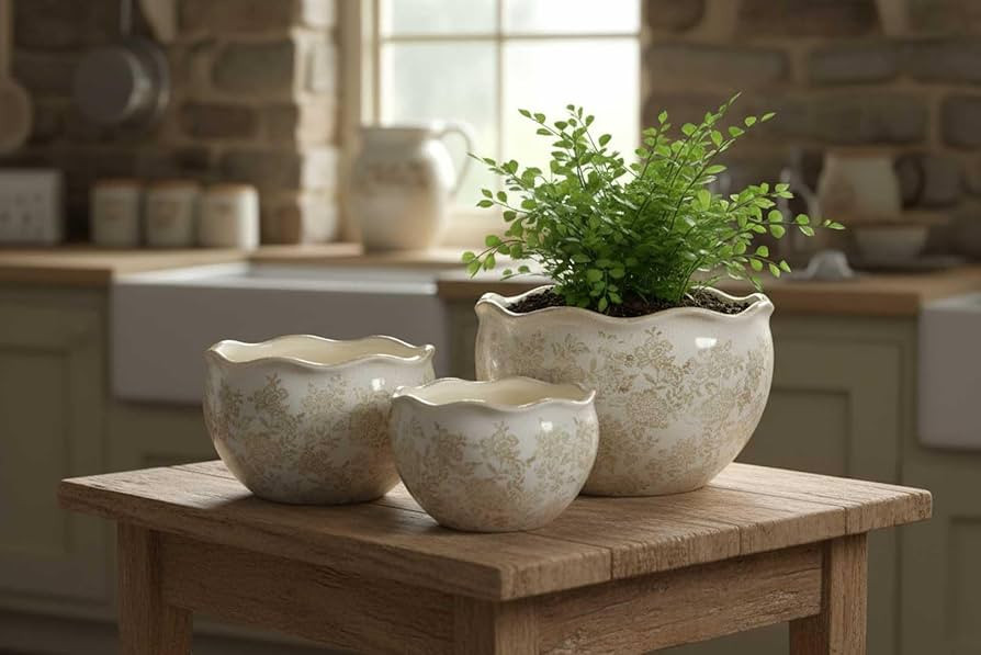 Galt International Ceramic Plant Pots Set of 3 Rustic Vintage Farmhouse Cream Crackle Glaze (11"/... | Amazon (US)