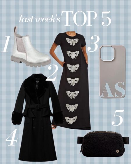 Last Week’s Top 5 best sellers! Girls metallic boots, a holiday party gown that could also be a great wedding guest dress, a phone case that would make a great stocking stuff, a cute peplum coat on sale!, and the everywhere bag that keeps selling out 

#LTKHoliday #LTKunder100 #LTKstyletip