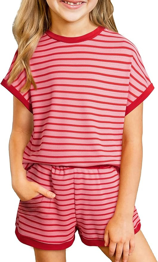blibean Girls Summer Clothes Sets Textured Striped Outfits Size 6-15 Years | Kids Two Piece Color... | Amazon (US)
