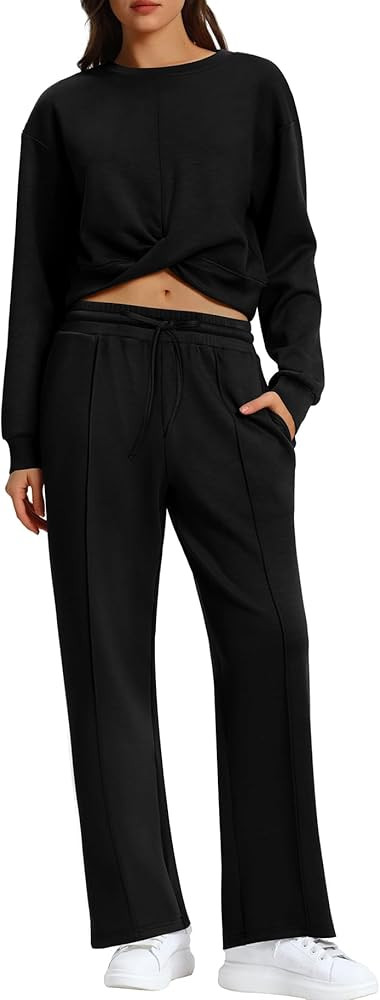 WIHOLL Women 2 Piece Lounge Sets Twist Front Cropped Sweatshirt Wide Leg Sweatpant Fall Outfits C... | Amazon (US)