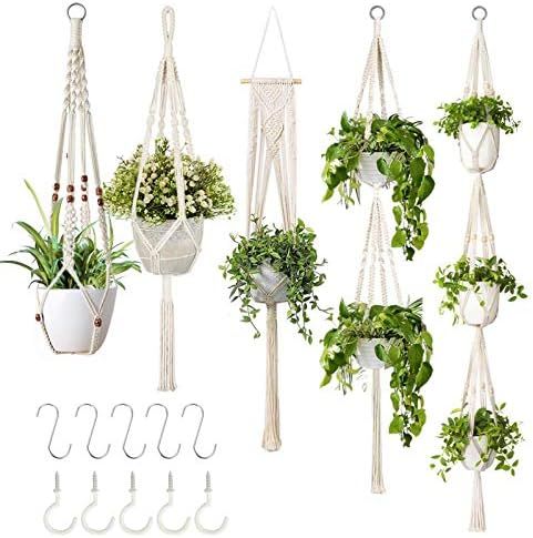 GROWNEER 5 Packs Macrame Plant Hangers with 5 Hooks, Different Tiers, Handmade Cotton Rope Hangin... | Amazon (US)