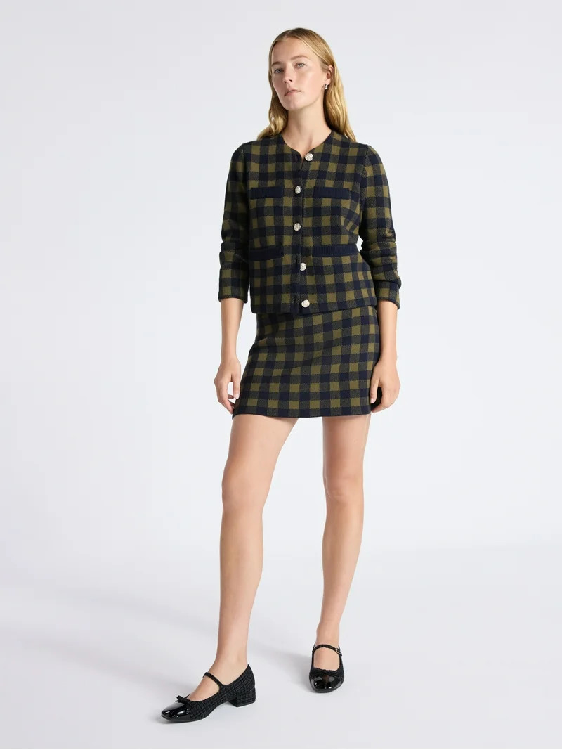 Free Assembly Women's Plaid Cardigan Sweater with Double Welt Pockets, Midweight, Sizes XS-XXL | Walmart (US)