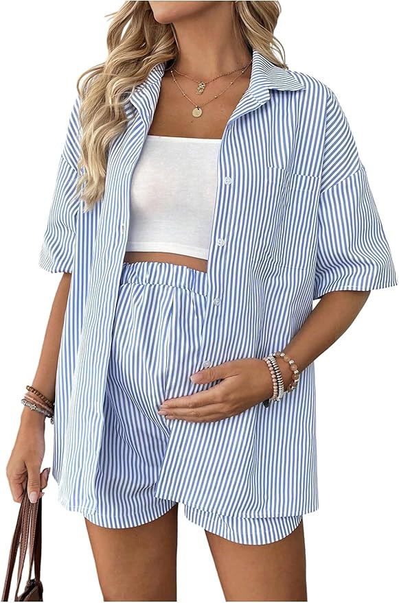 MakeMeChic Women's Maternity Outfits Striped Button Down Shirt and Shorts Pregnancy Set | Amazon (US)