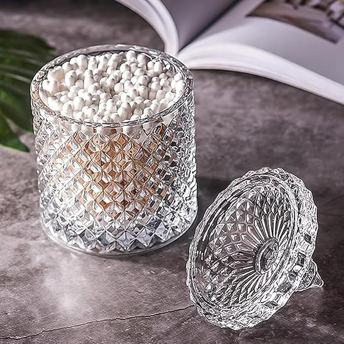 Q tips holder,Q tip holders,Glass bathroom jar,Glass qtip holders,Q-tip,containers,crystal,cute,f... | Amazon (US)