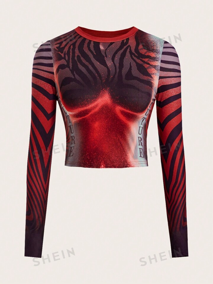 SHEIN ICON Color-Blocking Striped Zebra & Letter Print Cropped T-Shirt | SHEIN USA | SHEIN