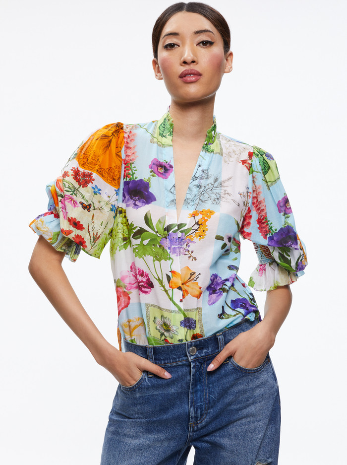 ILAN SMOCKED SLEEVE BUTTON FRONT BLOUSE | Alice + Olivia