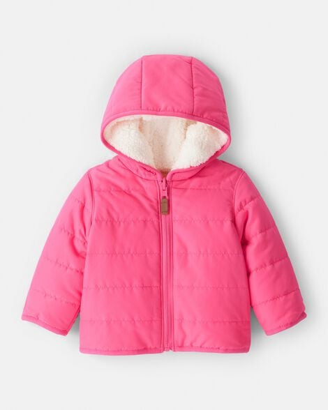 Carter's Baby Girls Girl Sherpa-Lined Hooded Puffer Jacket - Pink NB Fuchsia | Carter's Inc