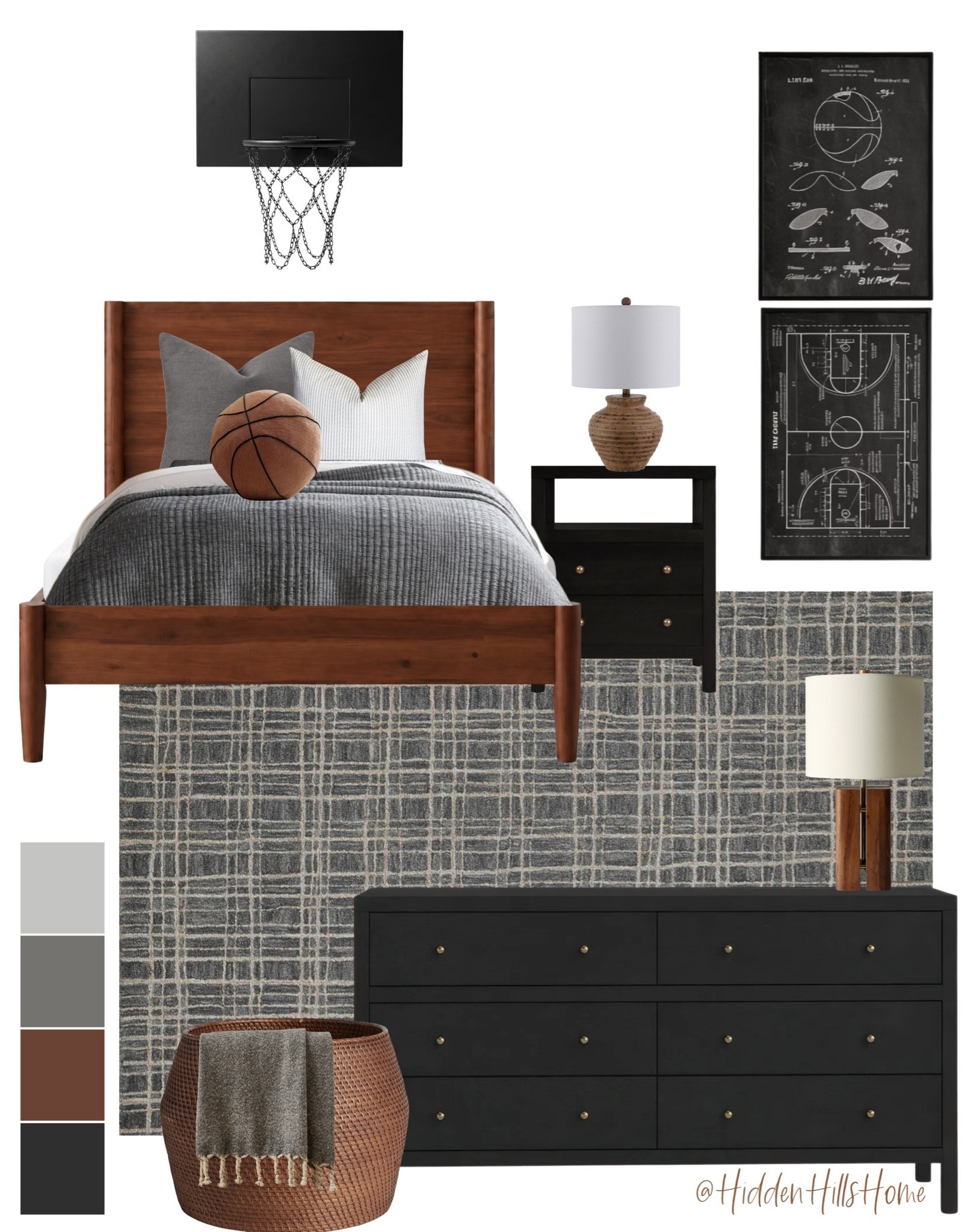 Boys bedroom decor, boys room design, boys room mood board, home decor ideas, teen or pre-teen boys room inspiration, twin bed, boys room decor, basketball bedroom, sports themed bedroom