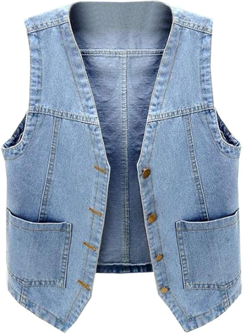 Women's Sleeveless Denim Vest V Neck Button Down Lightweight Jean Waistcoat Jacket | Amazon (US)