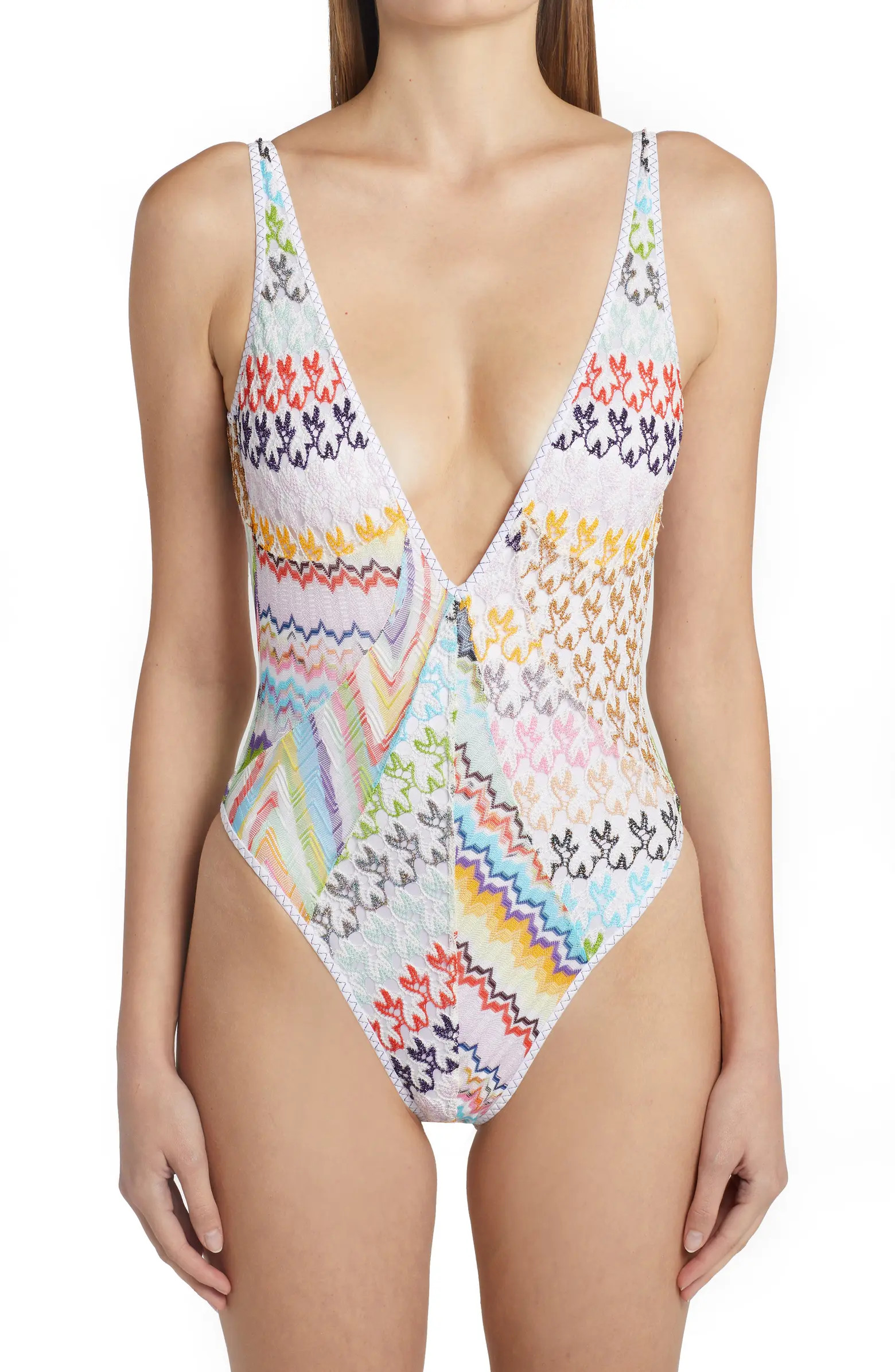 Patchwork Panel Plunge Neck One-Piece Swimsuit | Nordstrom