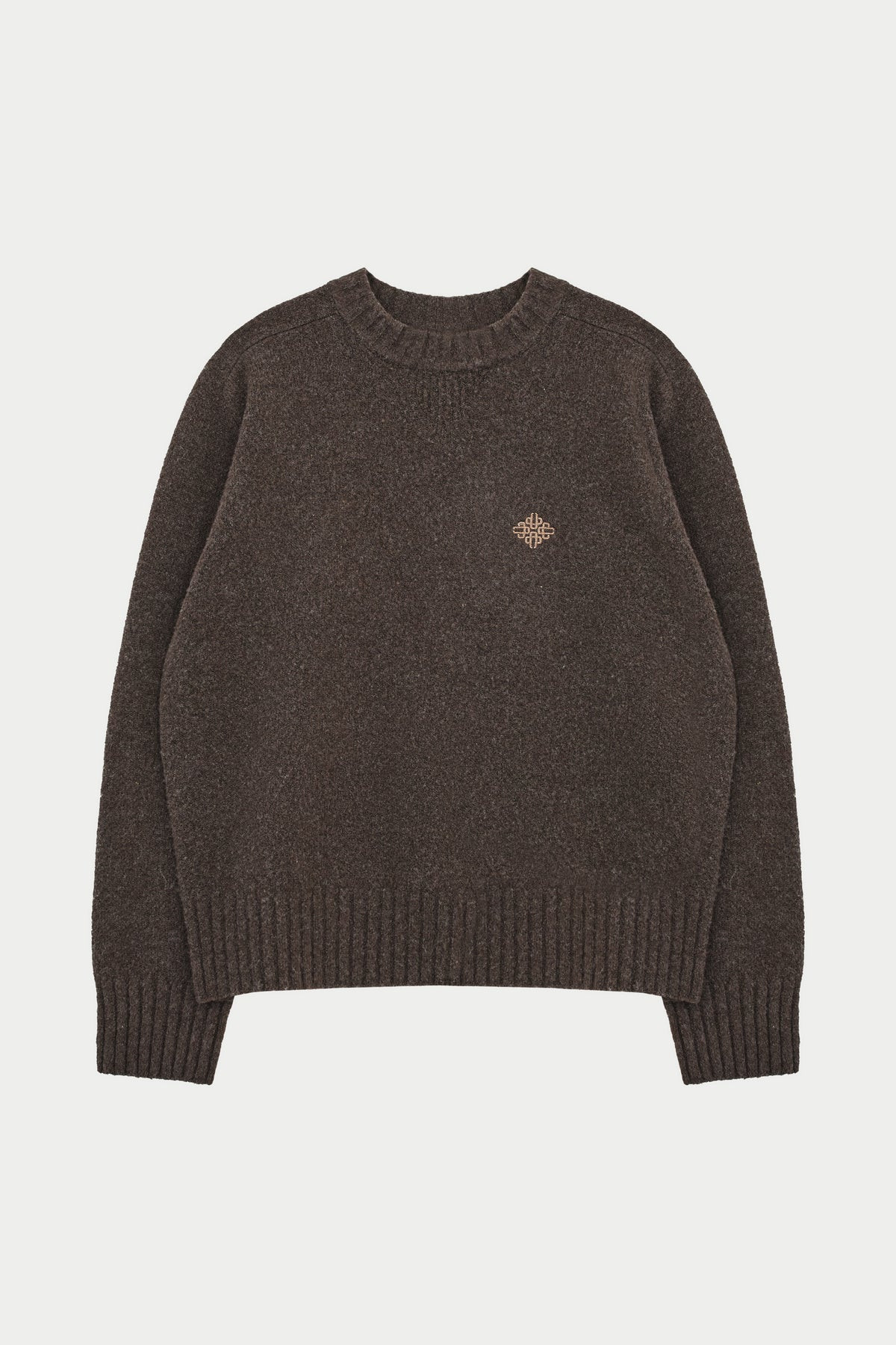 FLUFFY KNIT EMBLEM EMBROIDERED CREW - BROWN | The Couture Club