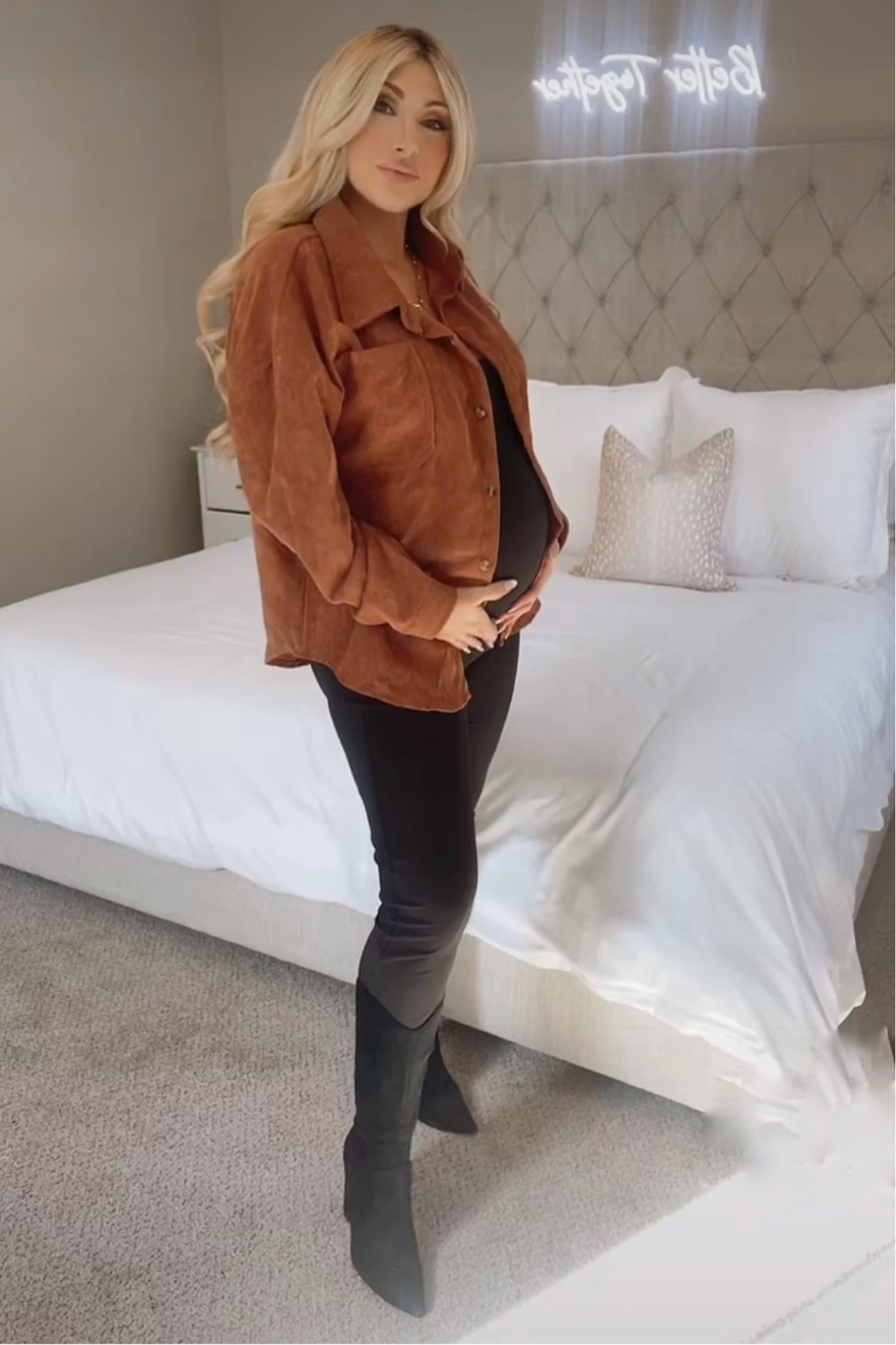 Cute fall outfit for expecting moms! 
#maternityfashion
Jacket and jumpsuit size small in photo. 

#LTKHoliday #LTKSeasonal #LTKbump