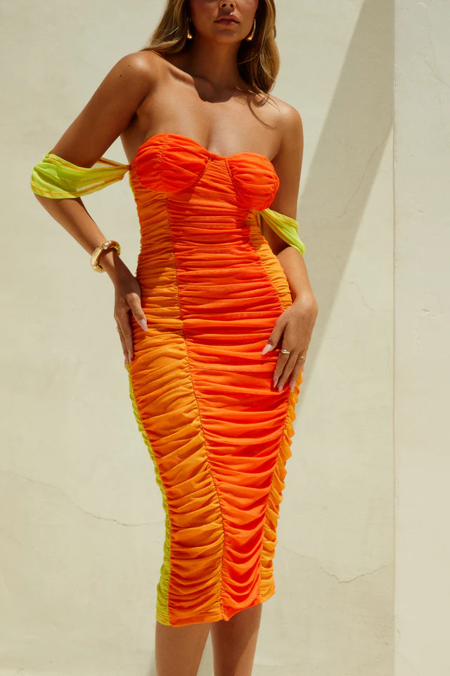 Paloma - Orange | Ruched Midi Dress At | MISS LOLA