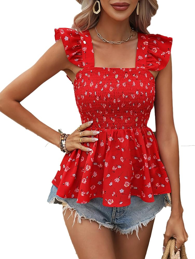 Verdusa Women's Floral Print Tie Back Ruffle Trim Sleeveless Peplum Blouse Shirred Top | Amazon (US)