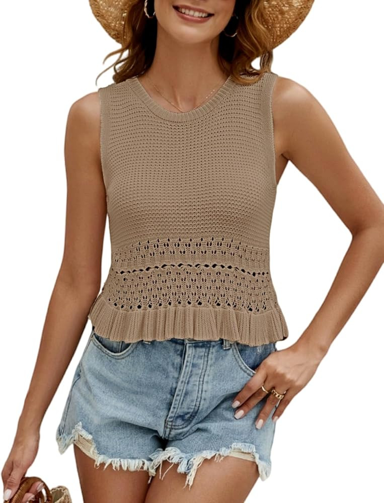 CiCiBird Women Cute Crop Sweaters Vest Knit Sleeveless Pullover Tops Crochet Ruffle Hem Tank | Amazon (US)