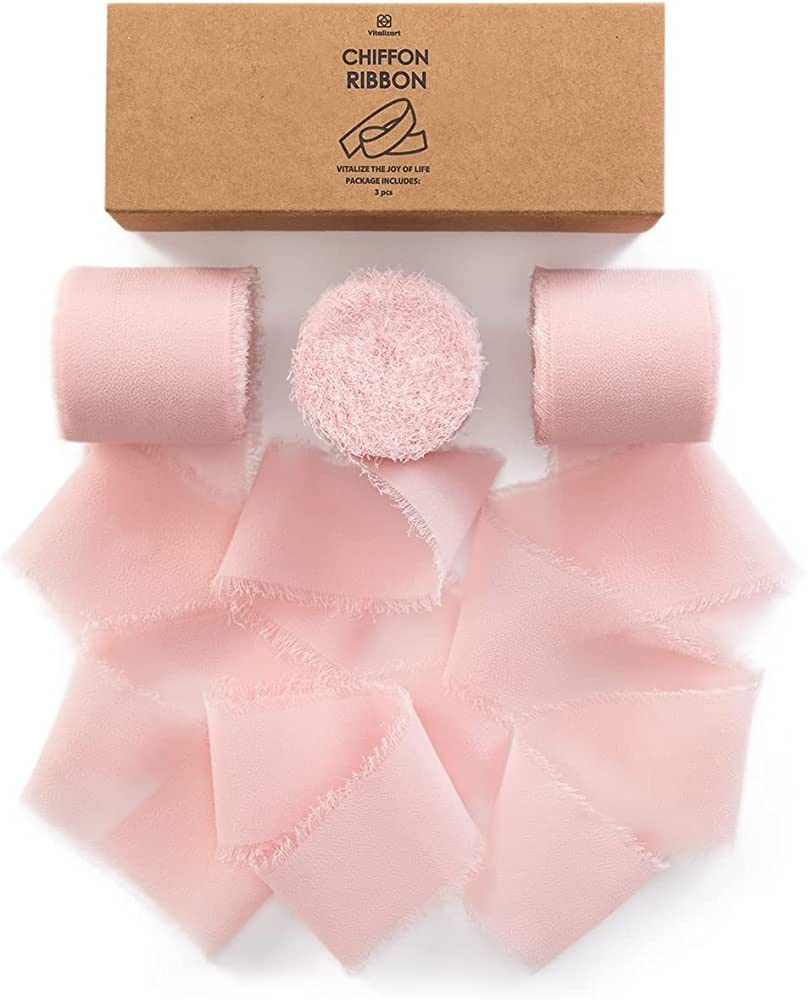 Vitalizart 3 Rolls Handmade Fringe Chiffon Silk Ribbon 1.5" x 7Yd Light Pink Ribbons Set for Wedd... | Amazon (US)