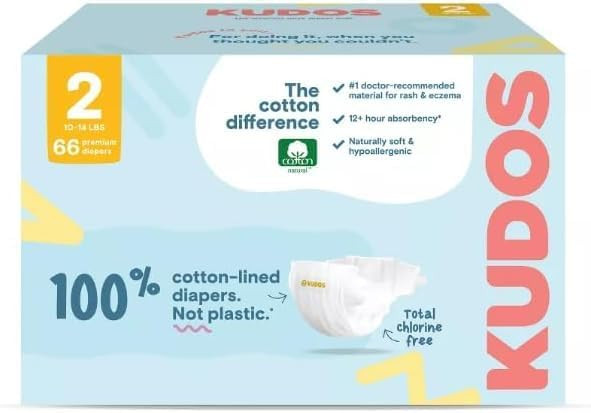 Kudos Chlorine Free Premium Diapers, 100% Cotton-Lined, Size 2, 6-16 lbs, 66 Count from Global | Amazon (US)