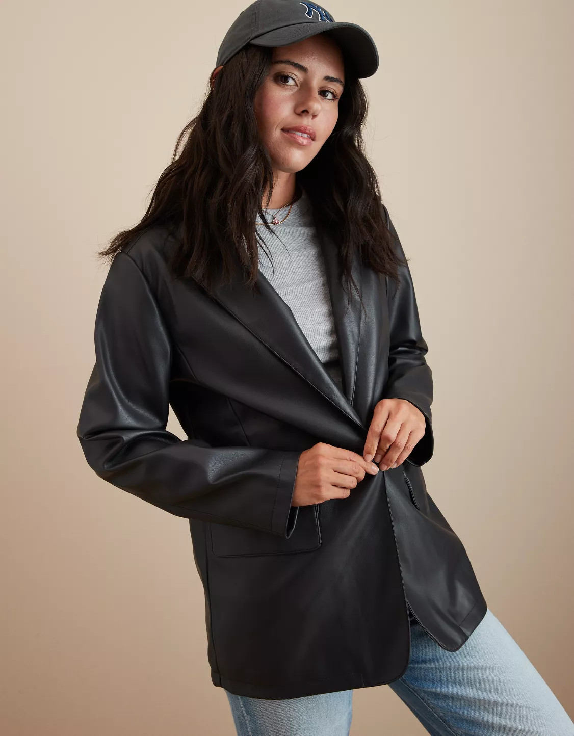 AE Oversized Vegan Leather Boyfriend Blazer | American Eagle Outfitters (US & CA)