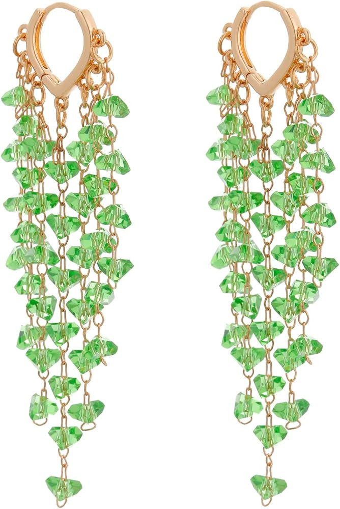 Fringe Hoop Dangle Earrings, Long Beads Tassel Chain Earrings for Women Sparkly Chandelier Earrin... | Amazon (US)