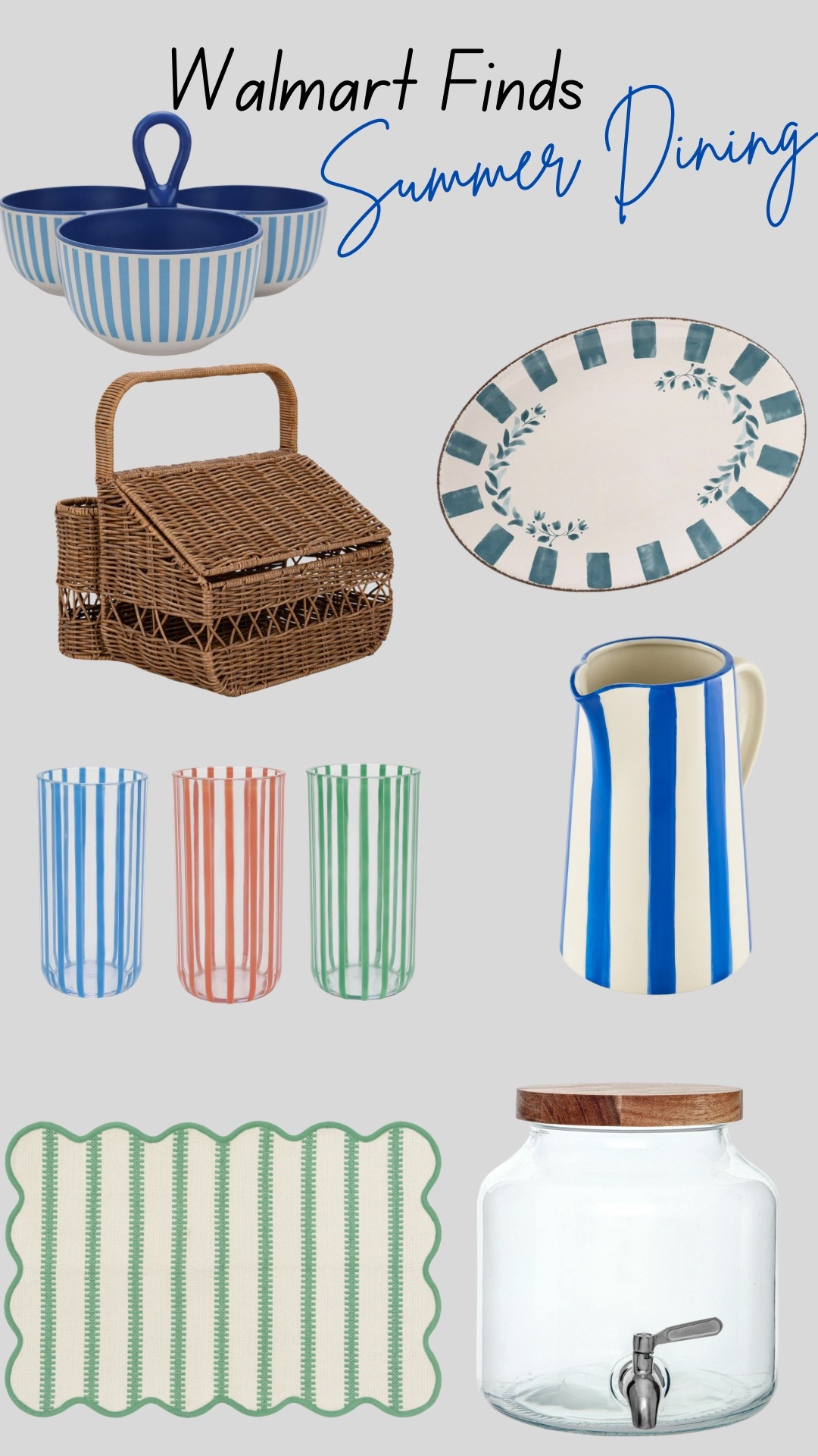 Bringing color + charm to your outdoor meals with these adorable Walmart picks! From striped glassware to the cutest wicker picnic basket, these are perfect for summer BBQs, patio brunches, or family nights on the deck. All budget-friendly + linked for you! 💚💙🍓

#LTKhome #WalmartFinds #SummerTablescape #OutdoorDining #PicnicVibes #BudgetFriendlyStyle #LTKunder50 #WalmartStyle

#LTKHome #LTKSeasonal #LTKParties