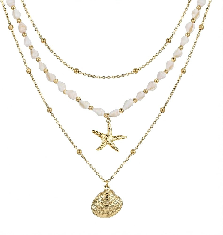 Seashell Starfish Necklace for Women Conch Shell Summer Pearl Beach 14k Gold Layered Dainty Choke... | Amazon (US)