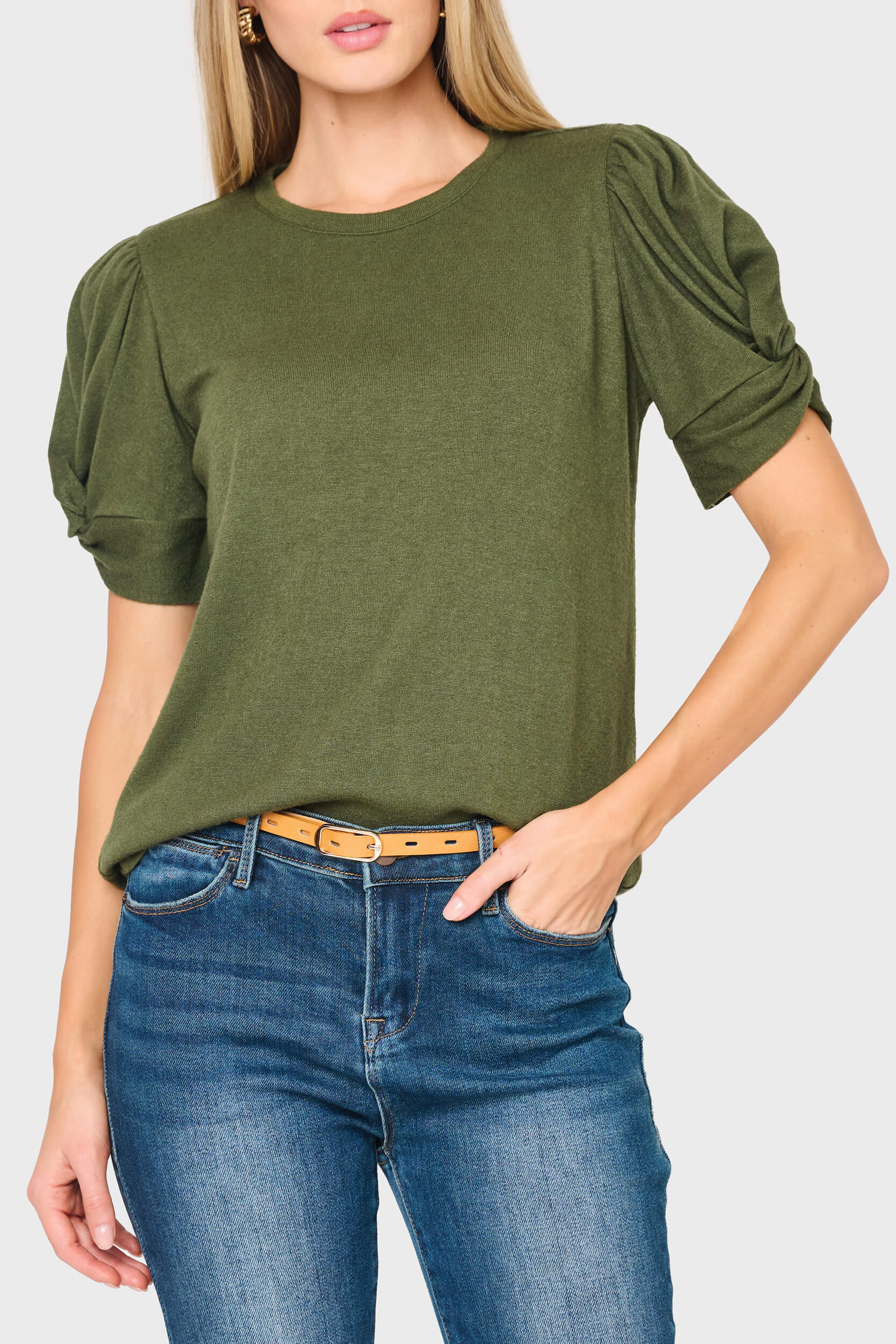 Twist Sleeve Luxe Tee | Soft Knit Puff Sleeve Top | Gibson