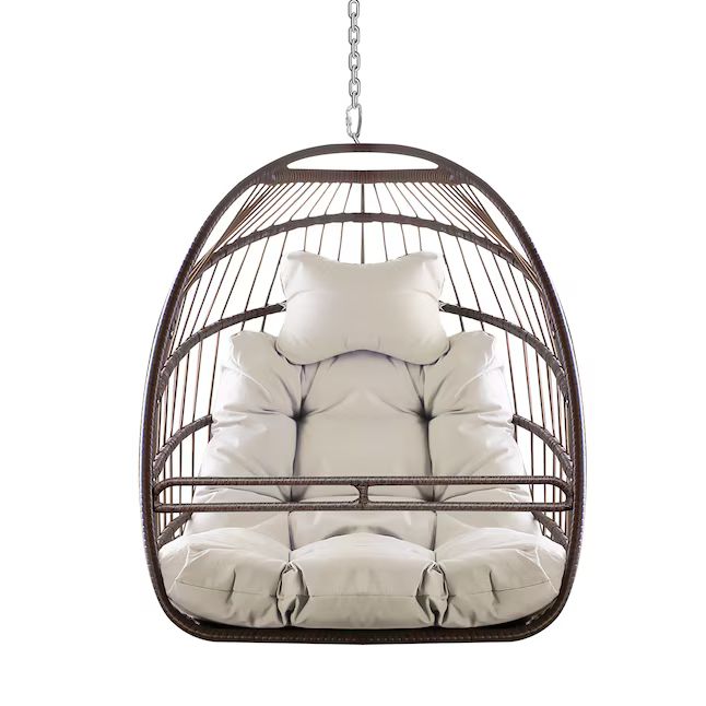 WELLFOR Rattan Light Khaki and Beige Metal Frame Hanging Egg Chair with Off-white Cushioned Seat | Lowe's