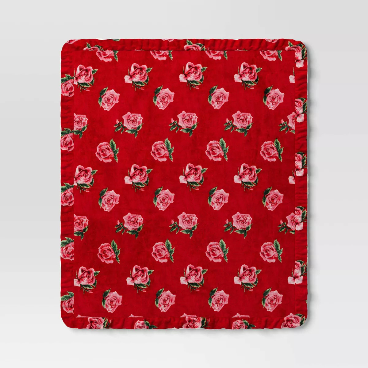Rose Printed Plush Throw with Faux Shearling Reverse and Ruffled Trim Red - Threshold™ | Target