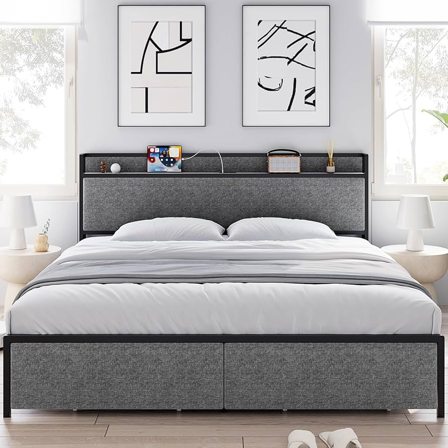Queen Size Bed Frame, Storage Headboard with Charging Station, Platform Bed Frame with 2 Drawers,... | Amazon (US)
