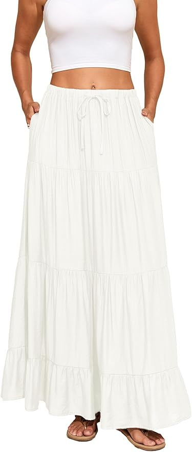 Women Summer Boho Flowy Swing Maxi Skirt Tiered A-Line Skirts Elastic Waist Ruffles Pleated Beach... | Amazon (US)