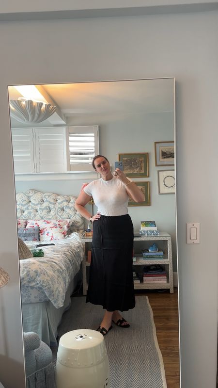 Trying on a new black silk skirt from JCrew. It’s very simple but in a good way maybe?! 
I’m in size XL  