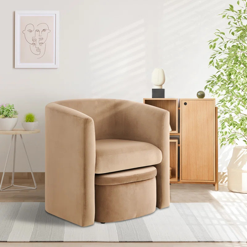 Braedin Upholstered Barrel Accent Chair With Storable Ottoman | Wayfair North America