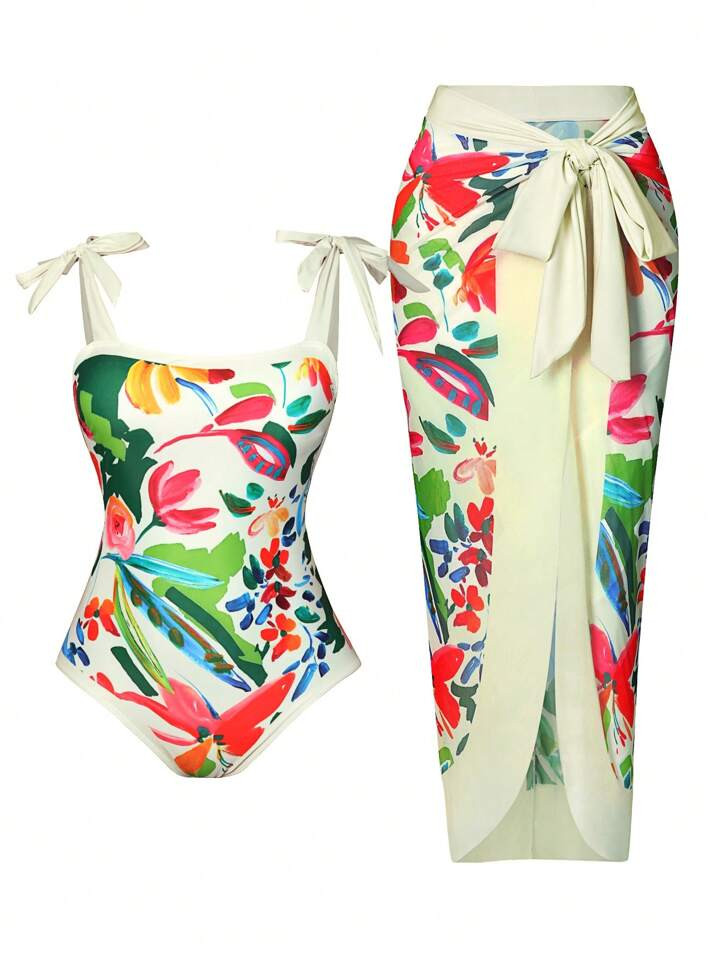 SHEIN Swim Oasis Summer Beach Women's Plus Size Printed Two-Piece Style One-Piece Swimsuit | SHEIN