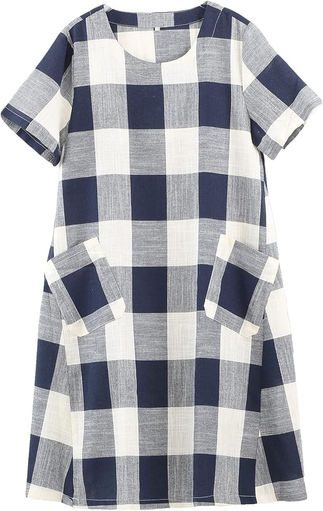FTCayanz Women's Linen Shirt Dresses Summer Casual Short Sleeve Plaid Tunic Midi Dress | Amazon (US)
