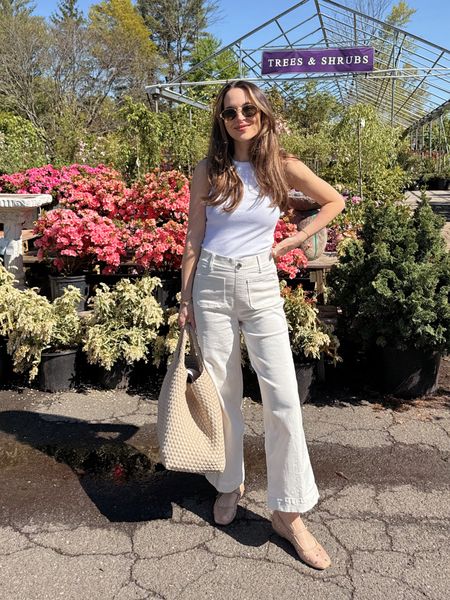 Spanx jeans, these run true to size (wearing S). All white easy outfit featuring these ballet flats and a simple white tank. Use code TARABISHYXSPANX for 10% off + free shipping! 

Target shoes, ballet flats, mesh ballet flats, naghedi tote, 