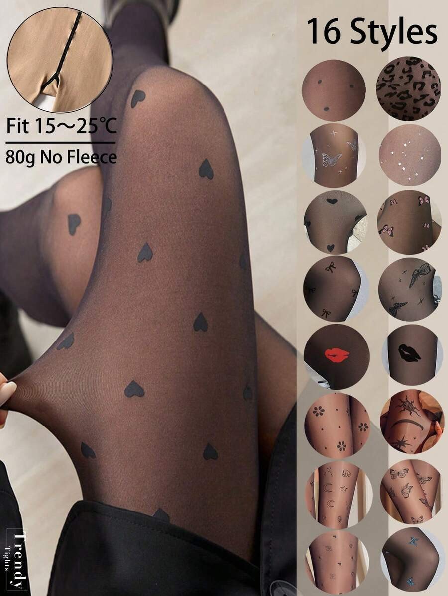 1 pezzo 80g Collant aderenti per donna, collant elastici con motivi a cuore, pois, leopardo, farf... | SHEIN