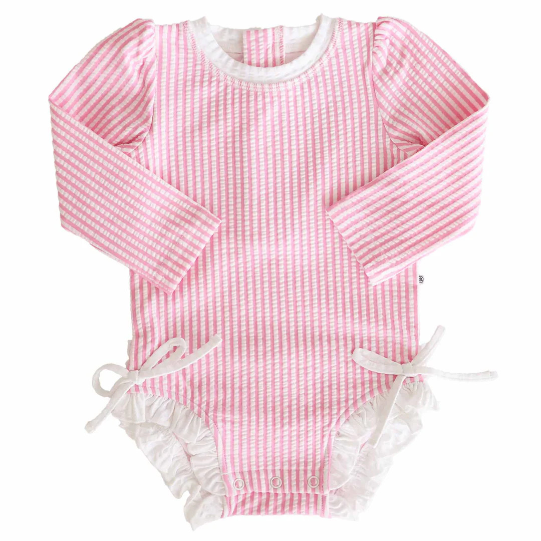 Long Sleeve Rash Guard With Ruffle Bottom | Seersucker Dusty Pink | Caden Lane