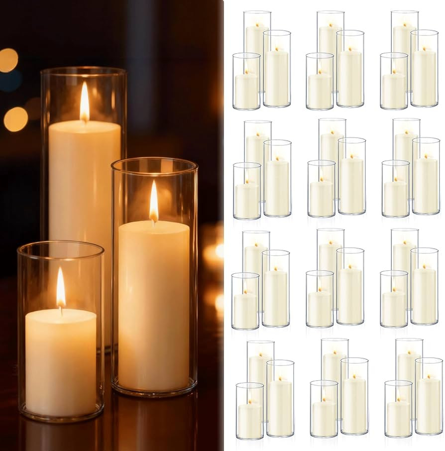 72 PCS Ivory White Pillar Candles with Glass Candle Holders Clear Hurricane Candle Holders Glass ... | Amazon (US)