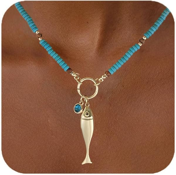CLASSYZINT Gold Fish Necklace Blue Bead Necklace Boho Ocean Necklace Summer Jewelry for Women | Amazon (US)