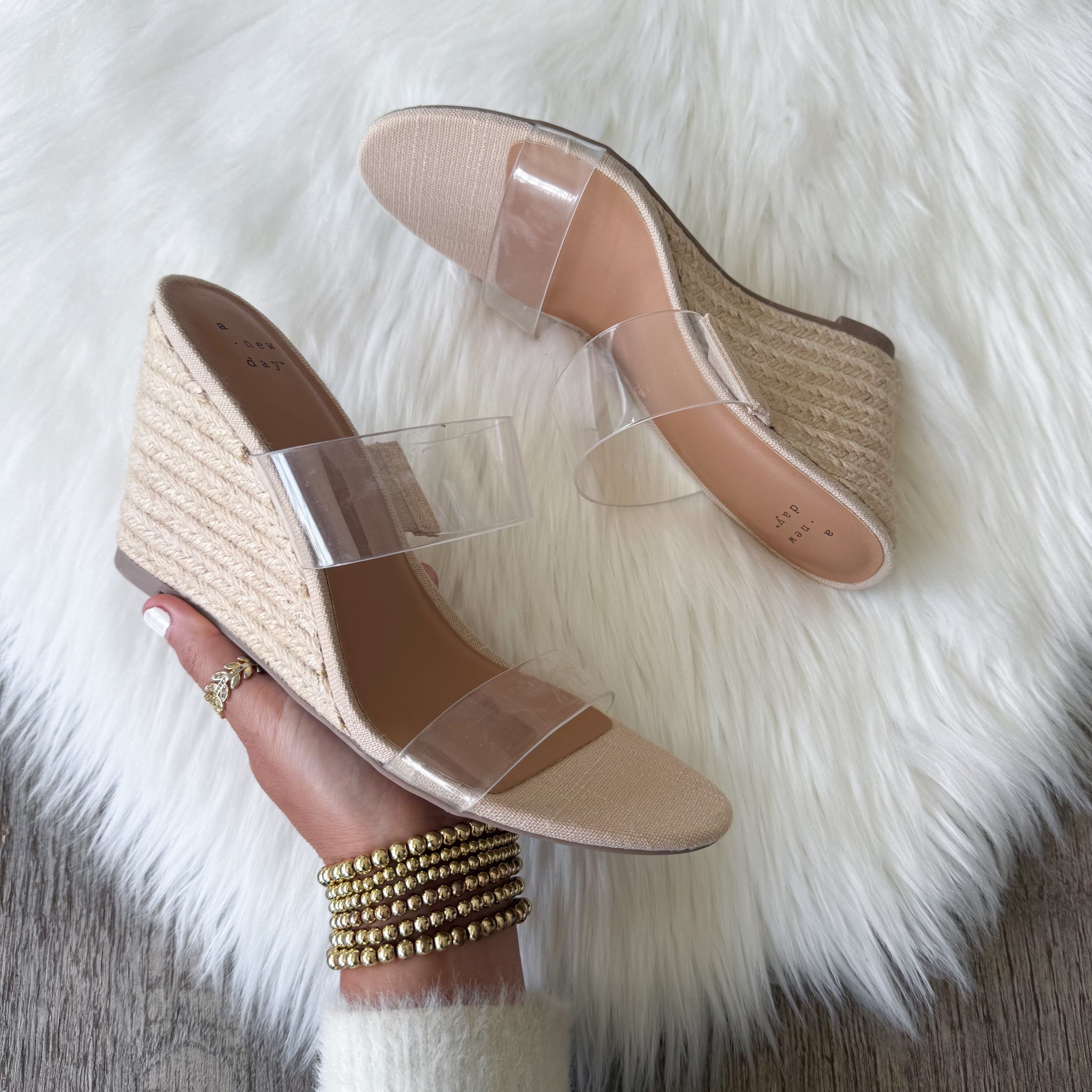 Women's Ansel Double Band Open Toe Wedge Heels with Memory Foam Insole - A New Day™ Tan
