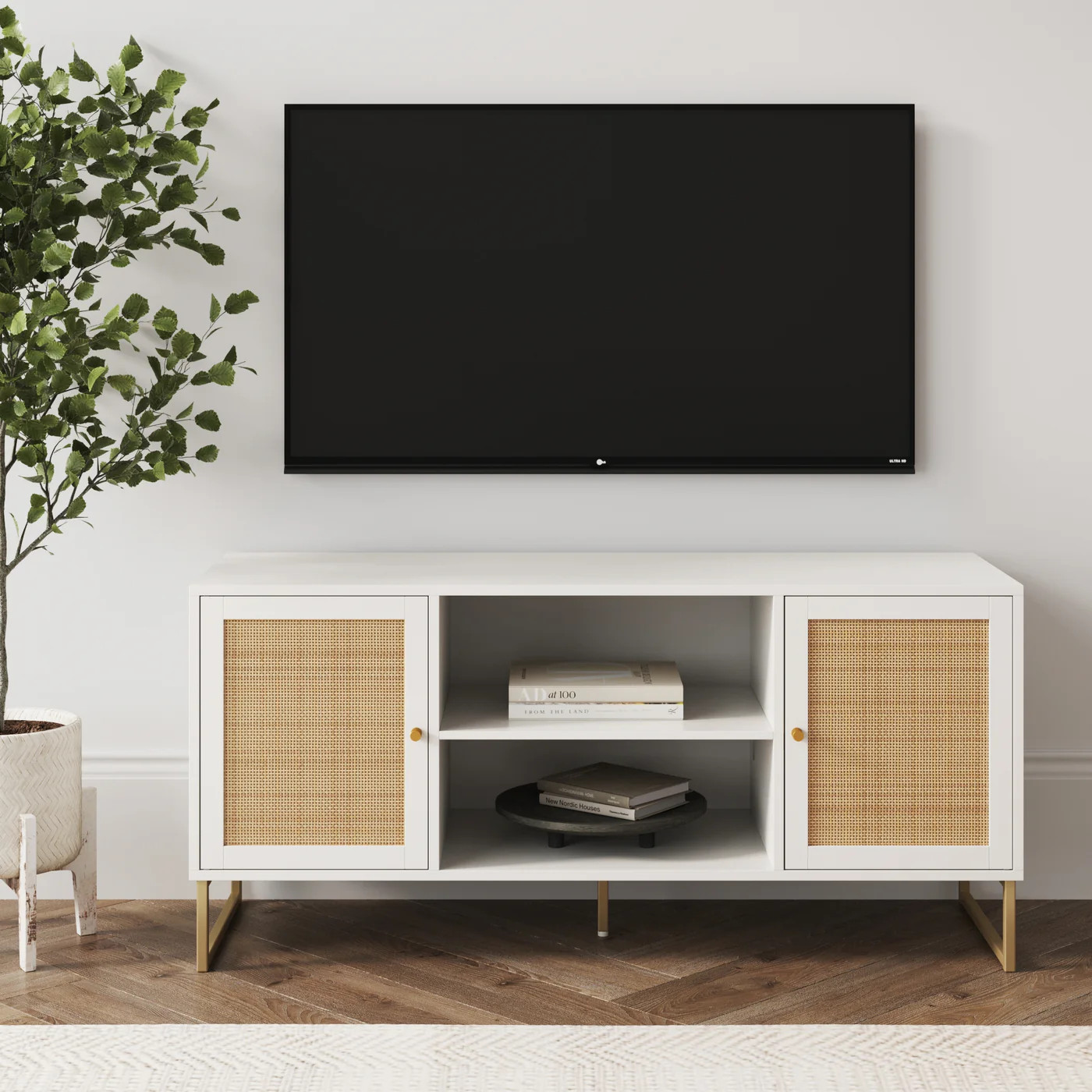 Rattan & Wood 2-Door TV Cabinet White | Nathan James