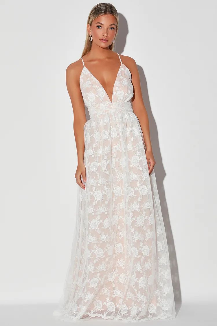 Ivywood White and Beige Embroidered Lace Backless Maxi Dress | Lulus (US)