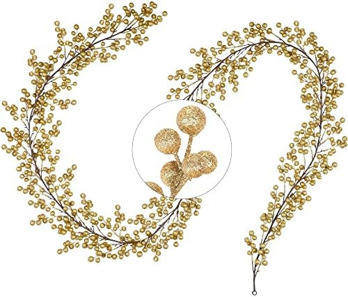 Lulu Home 8.9FT Golden Berry Garland, Glittered Flexible Artificial Christmas Holly Berry Vine, W... | Amazon (US)