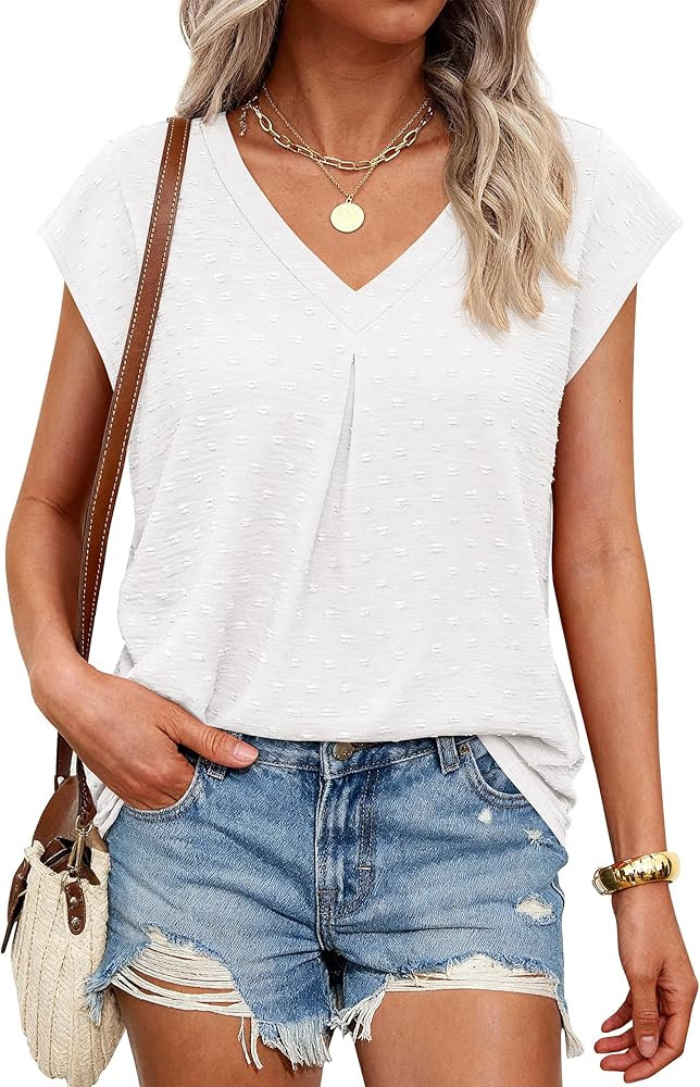 PRETTYGARDEN Women's Summer Blouses Casual Dressy Swiss Dot Cap Sleeve V Neck Tops 2026 Trendy Wo... | Amazon (US)