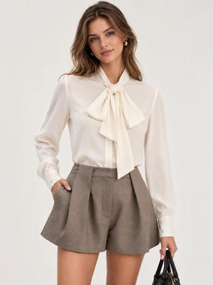Satin Bow-Tie Neck Long-Sleeve Shirt | Commense