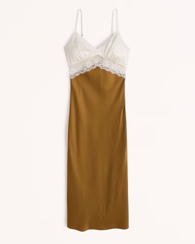 Lace and Satin Slip Midi Dress | Abercrombie & Fitch (US)